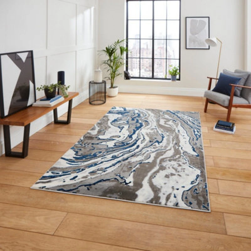 Image of Grey Navy Abstract Modern Easy To Clean Rug For Dining Room-160Cm X 220Cm