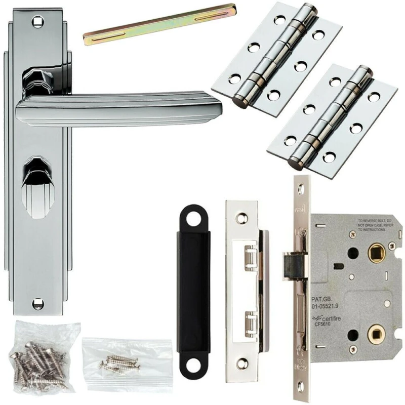 Image of Loops Door Handle & Bathroom Lock Pack Chrome Art Deco Premium Thumb Turn Backplate Multi