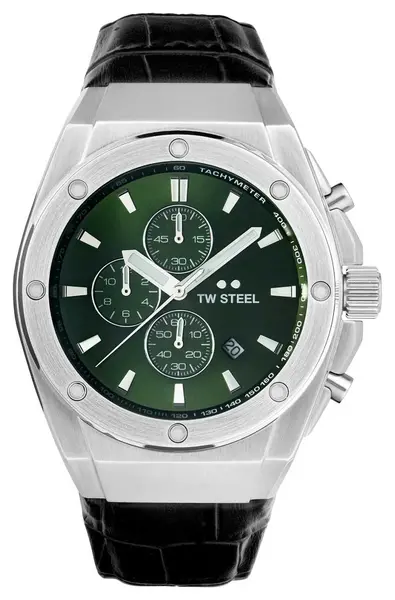 Image of TW Steel CE4101 Mens CEO Tech Green Dial Black Leather Watch