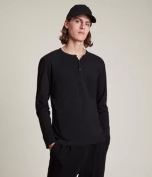 Image of AllSaints Mens Figure Long Sleeve Henley, Jet Black, Size: M