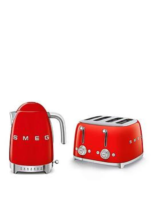 Image of Smeg Smeg Kettle & 4 slice Toaster Set with 7 TEMPERATURE LEVELS in Red Red One Size Unisex 5056032970694