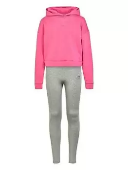 Image of adidas Sportswear Junior Girls Overhead Hoodie And Tight Set - Pink, Size 13-14 Years, Women