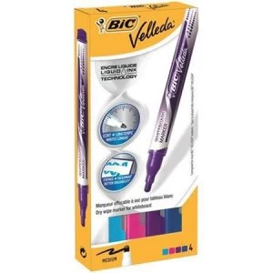Image of Bic Velleda Liquid Ink Whiteboard Marker with Visible Ink Level Assorted 1 x Wallet of 4 Markers