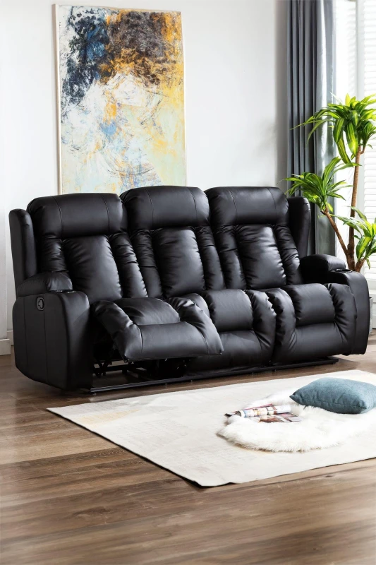 Image of MORE4HOMES Caesar High Back Manual Bond Grade Leather Recliner 3+2+1 Suite Sofa Armchair Set Black 3 Seater FUR-RC3-CAESAR-BLACK