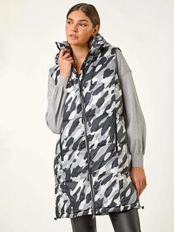 Image of Roman Camo Print Longline Hooded Gilet Light Grey