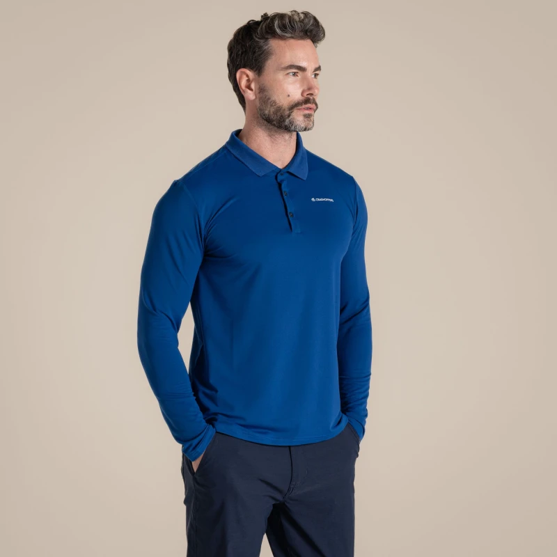 Image of Craghoppers Craghoppers Men NosiLife Bramshaw Insect-Repellent Long Sleeved Golf Polo Shirt in Blue Size: Small Blue S Male 5063260128018