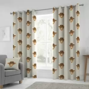 Image of Fusion Highland Cow Print 100% Cotton Eyelet Lined Curtains, Natural, 90 x 90 Inch