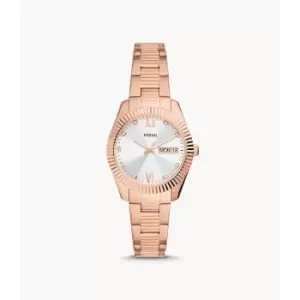 Image of Fossil Womens Scarlette Three-Hand Day-Date Rose Gold-Tone Stainless Steel Watch - Rose Gold