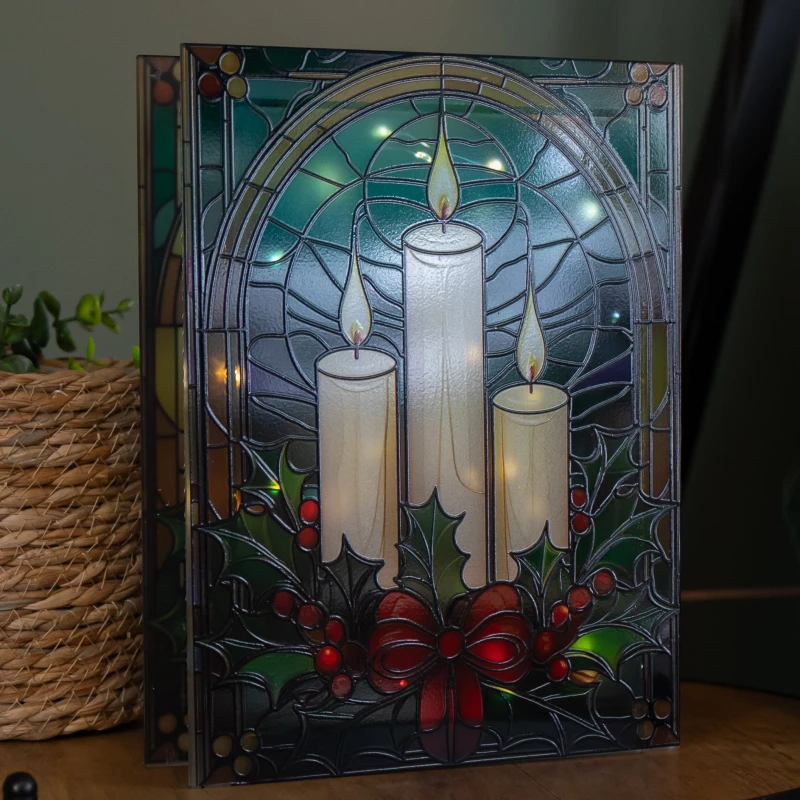 Image of 28cm Battery Powered Light up Glass Christmas Decoration with Candles & Warm White LEDs