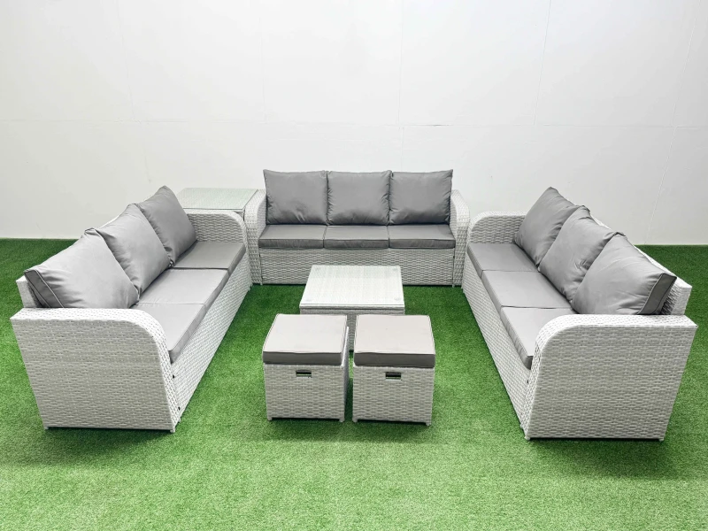 Image of Fimous PE Rattan Lounge Sofa Set 11 Seater Outdoor Garden Furniture Set with Square Coffee Table 3 Seater Sofa 2 Stools Side Table Light Grey Light Gr