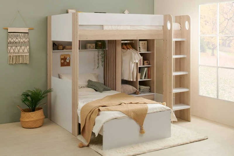 Image of Flair Hampton L Shape Bunk Bed with Wardrobe in White Size: Single White Unisex Single