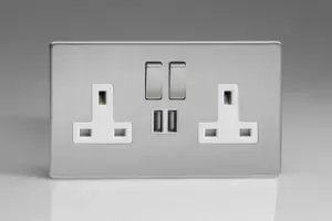 Image of Varilight 2-Gang 13A Double Pole Switched Socket with Metal Rockers + 2 5V DC 2100mA USB Charging Ports - XDS5U2SWS