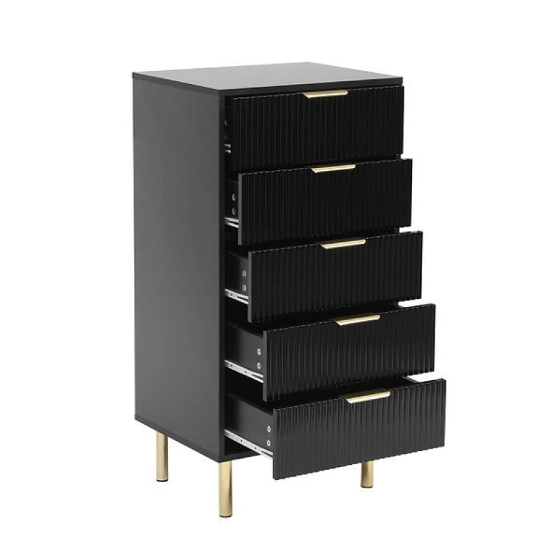 Image of Moderna Black Gloss Chest of Drawers, 5 Drawer Fluted Ribbed Front Black Unisex