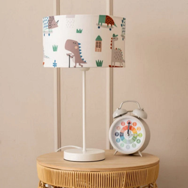 Image of ValueLights Charlie White Metal Single Stem Table Lamp with Cartoon Dino Lamp Shade Multi