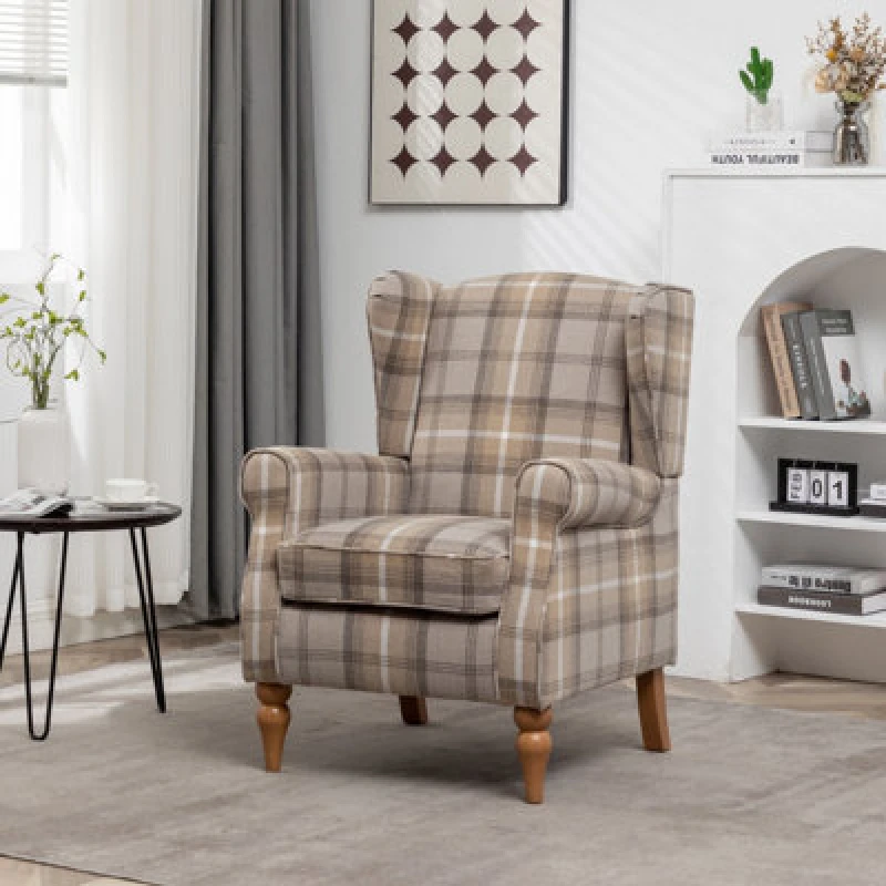 Image of Wingback Tartan Armchair Soft Padded, Retro Check Leisure Chair Fabric Lounge - Brown