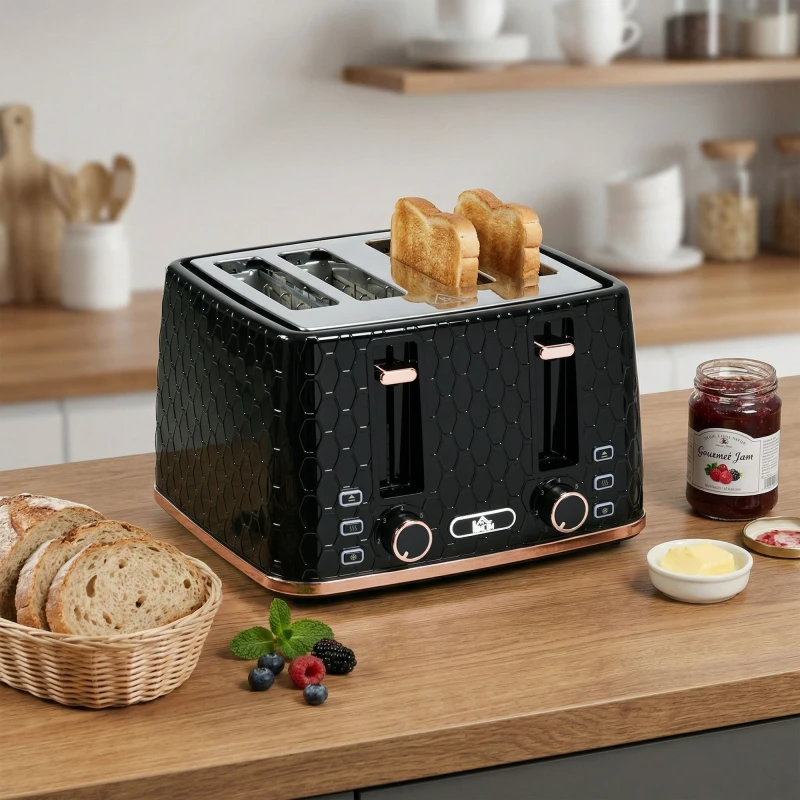 Image of HOMCOM Toaster with 4 Slot - 7 Browning Levels - 1600W - Honeycomb - Black TJ Hughes White 5063603383890