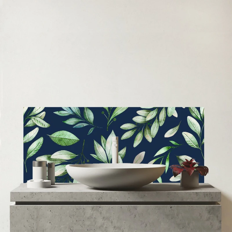 Image of Warren Reed - Designer Watercolor Leaves Glass Bathroom Splashback in Green Green Unisex