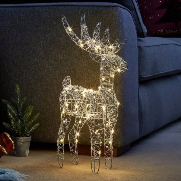 Image of 54cm Battery Operated Silver Woven Mesh Christmas Reindeer with Warm White LEDs