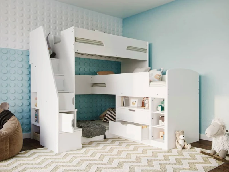 Image of Flair Oscar Staircase Triple Bunk Bed with Storage in White Size: Single White Unisex Single