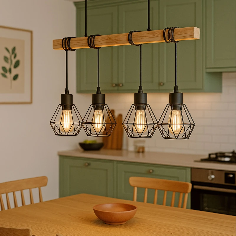 Image of EGLO Eglo Townshend 5 Black/Natural Metal & Wood 4-Light Geometric Pendant - Industrial Style (L) 70cm Black One Size Unisex 9002759440756