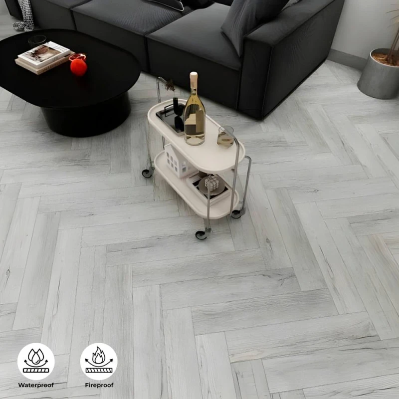 Image of ENER-J BRITWALL SPC Herringbone Flooring - Pebble Grey Finish in Mid Grey Size: 10000mm x 520mm Mid Grey Unisex 10000mm x 520mm