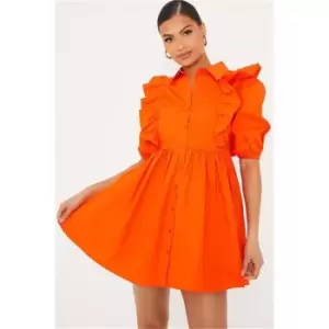 Image of I Saw It First Orange Cotton Poplin Puff Sleeve Frill Detail Smock Dress - Orange