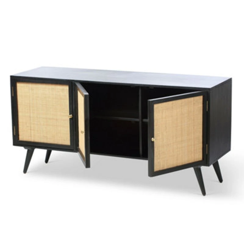 Image of Desser Manhattan Sideboard 3 Door Mango Wood & Cane Webbing In Black H70Cm X W145Cm X D45Cm