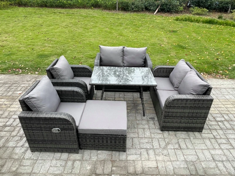 Image of Fimous Wicker PE Rattan Garden Dining Set Outdoor Furniture Sofa with Rectangular Dining Table Big Footstool Dark Grey Mixed Dark Grey