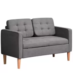 Image of Homcom Two Seater Storage Sofa Compact Cotton Loveseat Wood Legs Back Buttons Grey