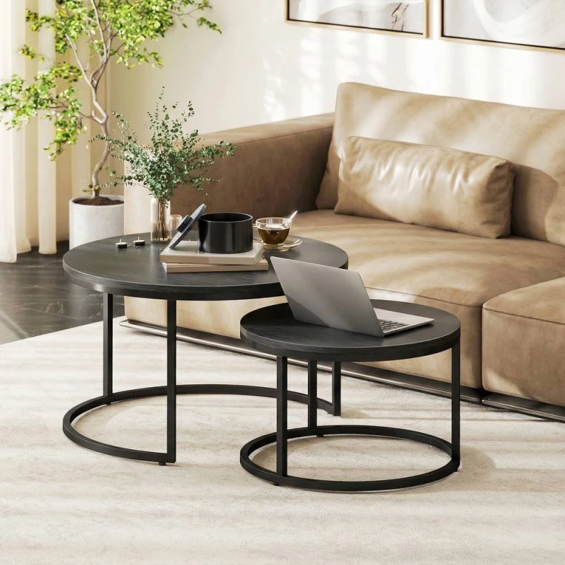 Image of HOMCOM 2 Pcs Stacking Coffee Table Set Steel Frame, Black Wood Grain Size: Large Black Unisex Large