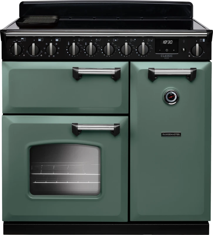 Image of Rangemaster CLDL90EIPMGR/CM1 Classic Deluxe 90cm Induction Range Cooker Chrome Trim 14590 - MINERAL GREEN CLDL90EIPMGR/CM1
