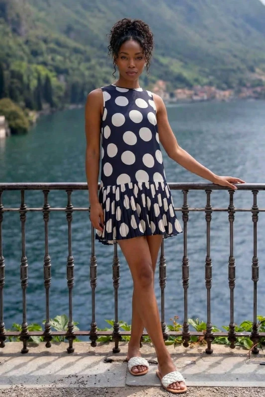 Image of Roman Womens Polka Dot Pleated A-Line Dress in Navy Size: 20 Navy Female 20