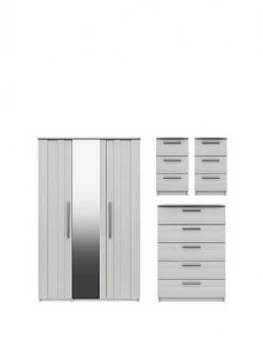 Image of Taylor Part Assembled 4 Piece Package - 3 Door Mirrored Wardrobe, 5 Drawer Chest And 2 Bedside Chests