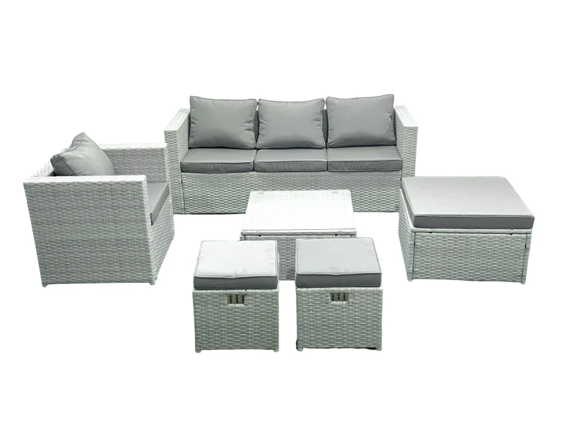 Image of Fimous 6 Seater Rattan Garden Furniture Set with 3 Seater Sofa Chair Square Coffee Table 3 Footstools Light Grey Mixed Light Grey