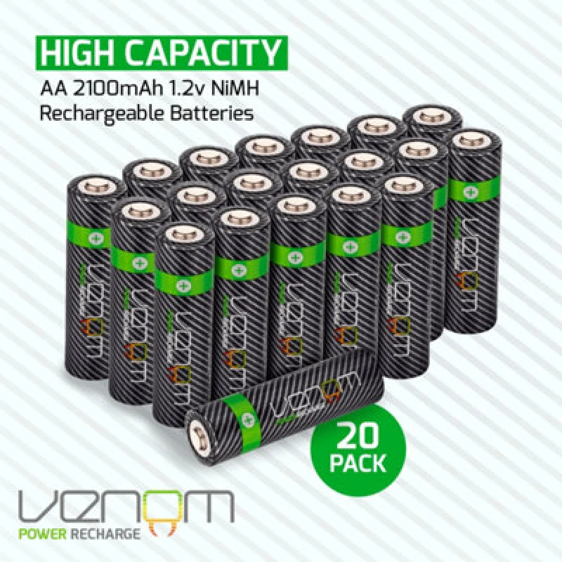 Image of Venom Rechargeable AA Batteries - High Capacity 2100mAh (20-Pack) Black unisex