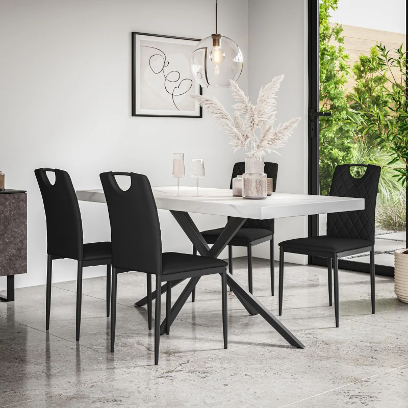 Image of More4Homes Donni Dining Table And Chairs - White Marble Effect Table Top W Black Legs + Monza Faux Leather Dining Chair Set Of 6 (Black)