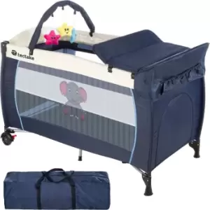 Image of Tectake Travel Cot Elephant 132X75X104cm With Changing Mat Play Bar & Carry Bag Blue