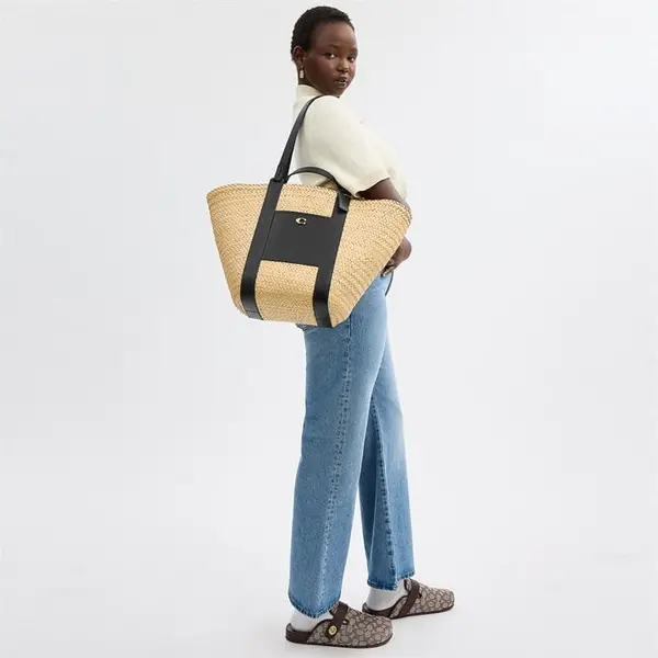 Image of COACH Straw Leather Tote Bag Tote Bags One Size Cream 74825669000