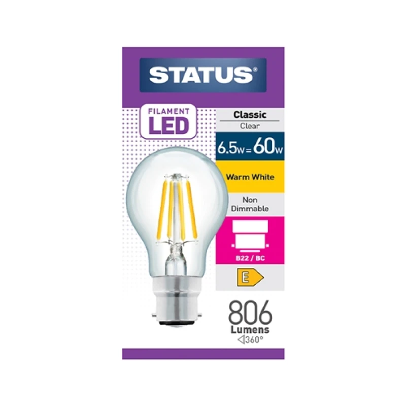 Image of Status 6.5 = 60w = 806 lumens - Filament LED - A60 GLS - BC - Clear - Warm White