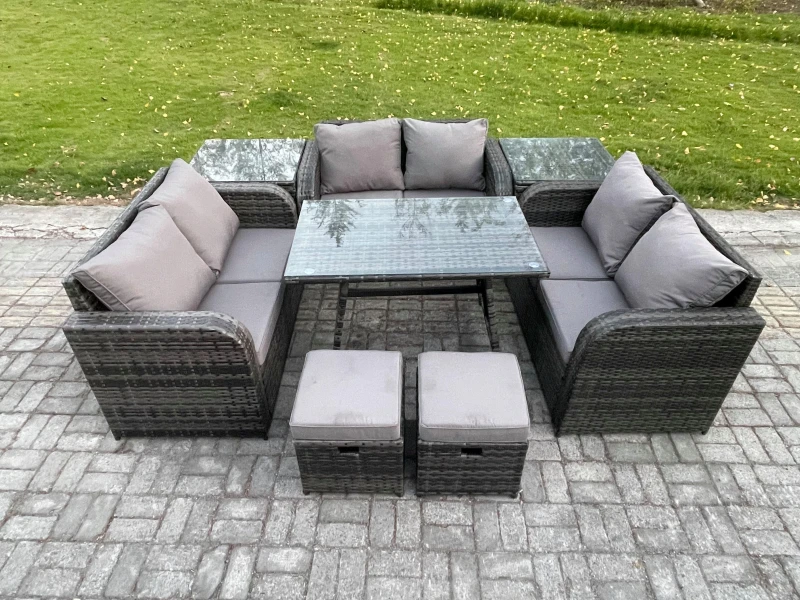 Image of Fimous Outdoor Rattan Garden Furniture Set 8 Seater Patio Love Sofa Set with Rectangular Dining Table 2 Small Footstools 2 Side Tables Dark Grey