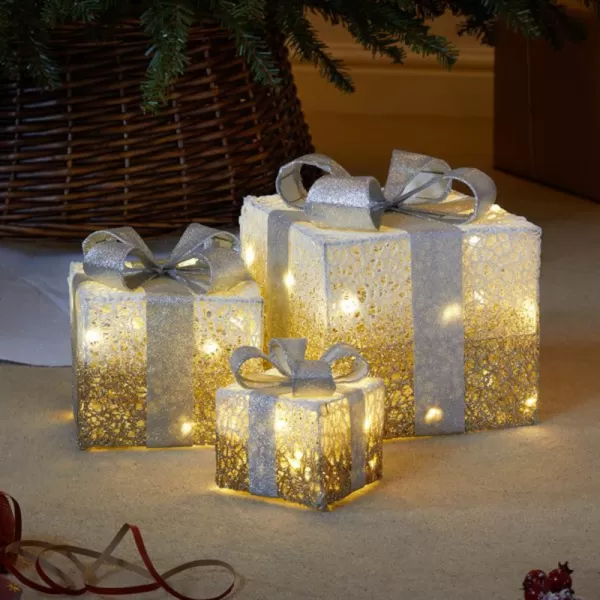 Image of Set of 3 Battery Operated Gold Sparkly Christmas Gift Boxes with LEDs