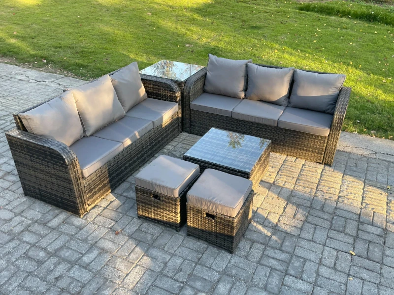 Image of Fimous Indoor Outdoor Rattan Garden Furniture 8 Seater Set Table Sofa Chair Patio Conservatory with Grey Cushions Side Table 2 Small Footstools Dark G