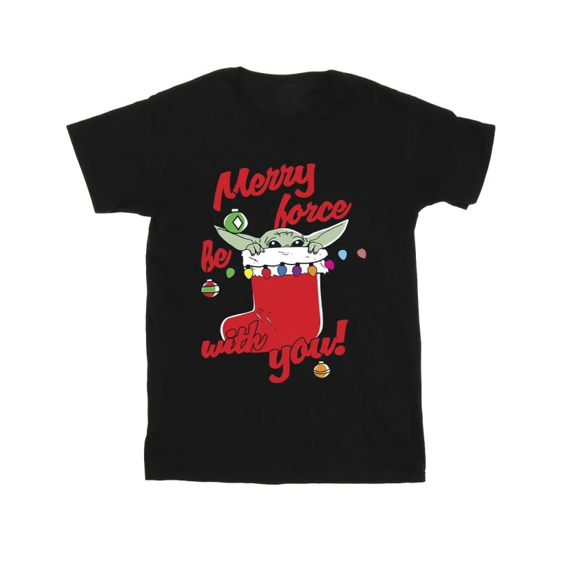 Image of Star Wars Star Wars Men Merry Force Be With You Cotton T-Shirt in Black Size: Small Black S Male 5063376849159