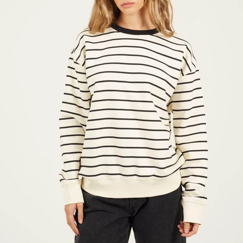 Image of Brave Soul BS Womens Crew Neck Striped Sweatshirt with Contrast Neck Cream/Black female 12 (M)