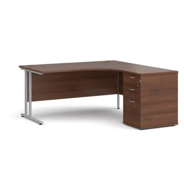 Image of Office Desk Right Hand Corner Desk 1600mm With Pedestal Walnut Top With Silver Frame Maestro 25