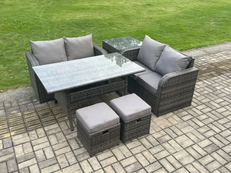 Image of Fimous Garden Patio Furniture Wicker Rattan Oblong Rectangular Dining Table & Loveseat Sofa set with Side Table in Dark Grey Dark Grey Unisex