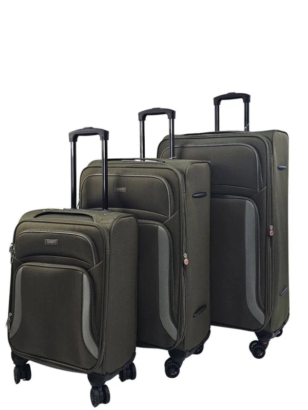 Image of Infinity Leather Soft 3 pcs Luggage 8 Wheel Light Travel Suitcase Set in Khaki Khaki Unisex