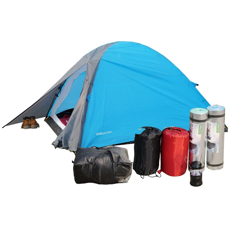 Image of Gr8 Garden Camping Tent Starter Set With Accessories Kit Blue