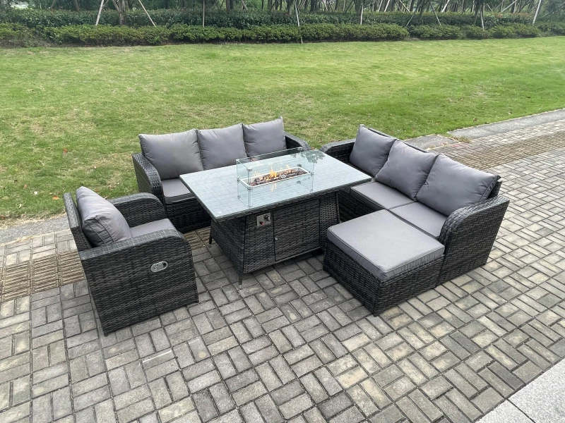 Image of Fimous Rattan Outdoor Furniture Gas Fire Pit Dining Table Gas Heater Reclining Chair 3 Seater Sofa Sets with Big Footstool 8 Seater Dark Grey