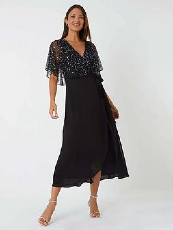 Image of Roman Womens Sequin Embellished Chiffon Wrap Maxi Dress in Black Size: 12 Black Female 12
